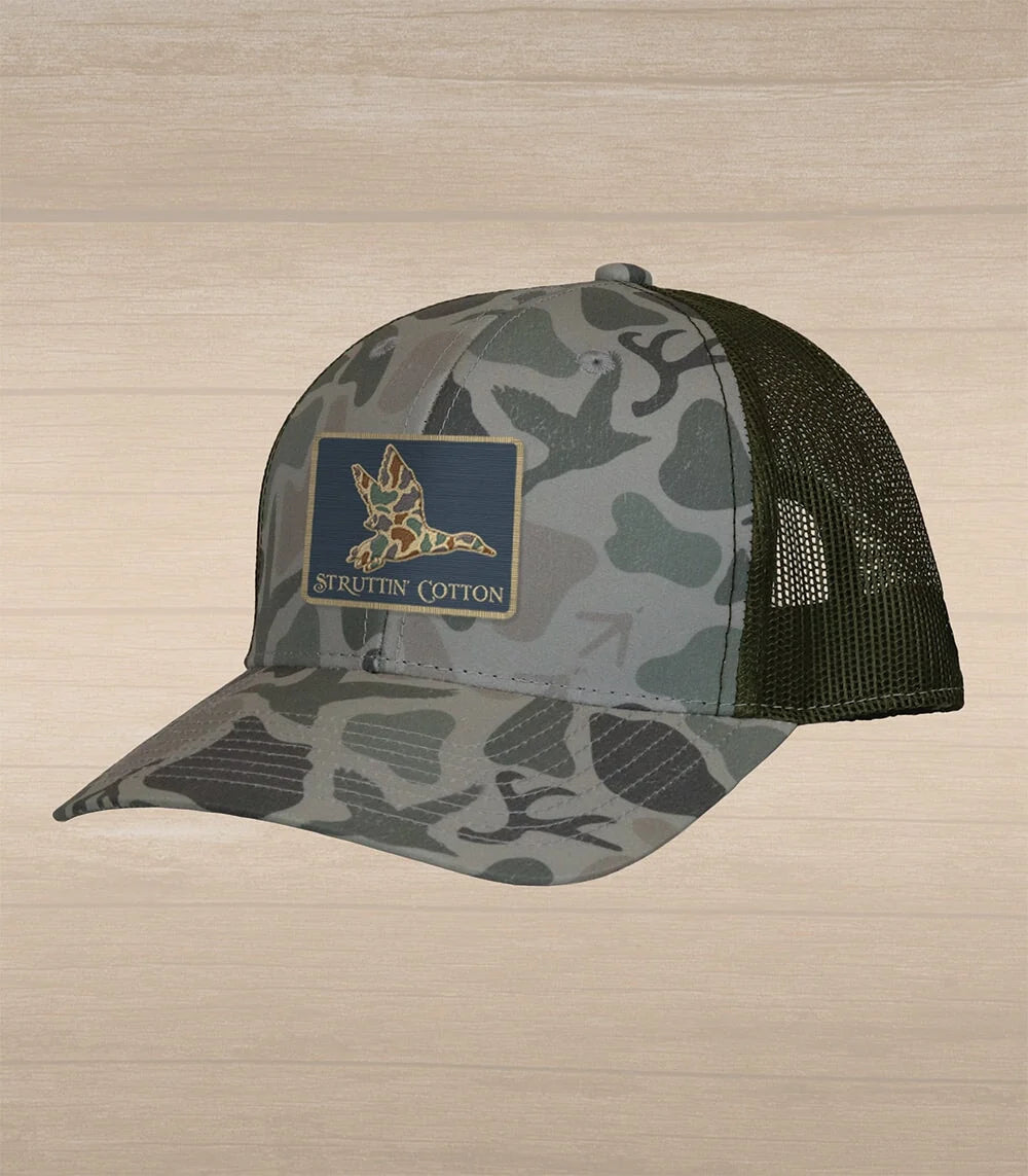 Old School Mallard Patch Washed Camo Standout Camo Trucker