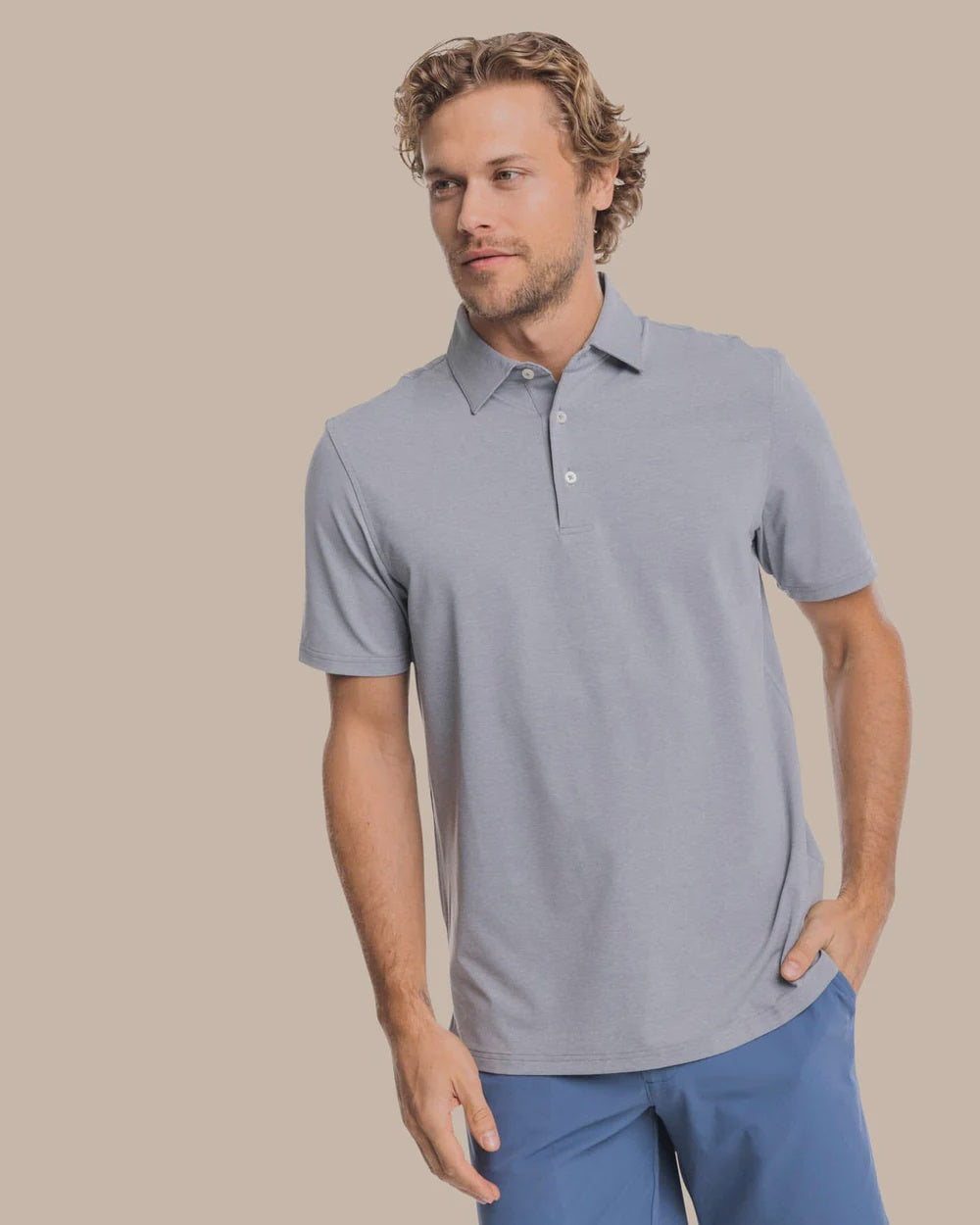 M SS Coastal Breeze Heather Perf Polo Steel Grey