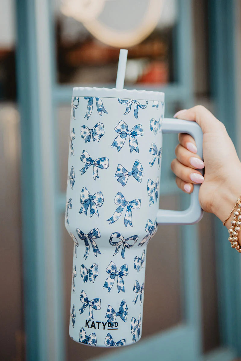 Toile Coquette Bow Tumbler W/ Handle