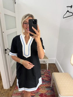 Black poplin dress w/ blue trim