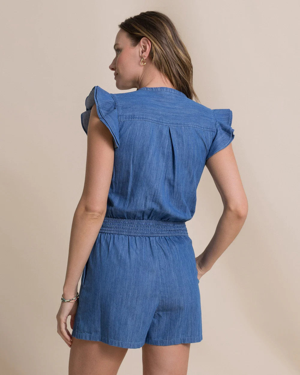 W Evalyn Flutter Sleeve Smocked Romper-Md Washed Indigo