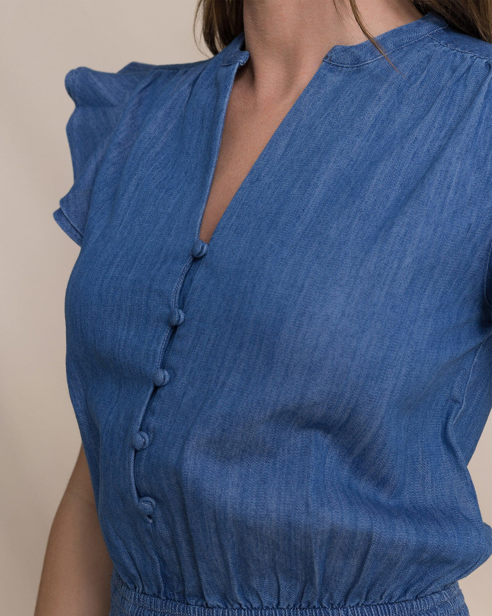W Evalyn Flutter Sleeve Smocked Romper-Md Washed Indigo