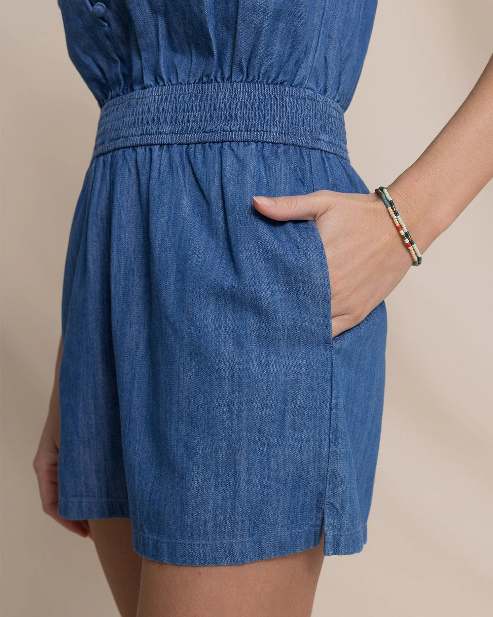 W Evalyn Flutter Sleeve Smocked Romper-Md Washed Indigo