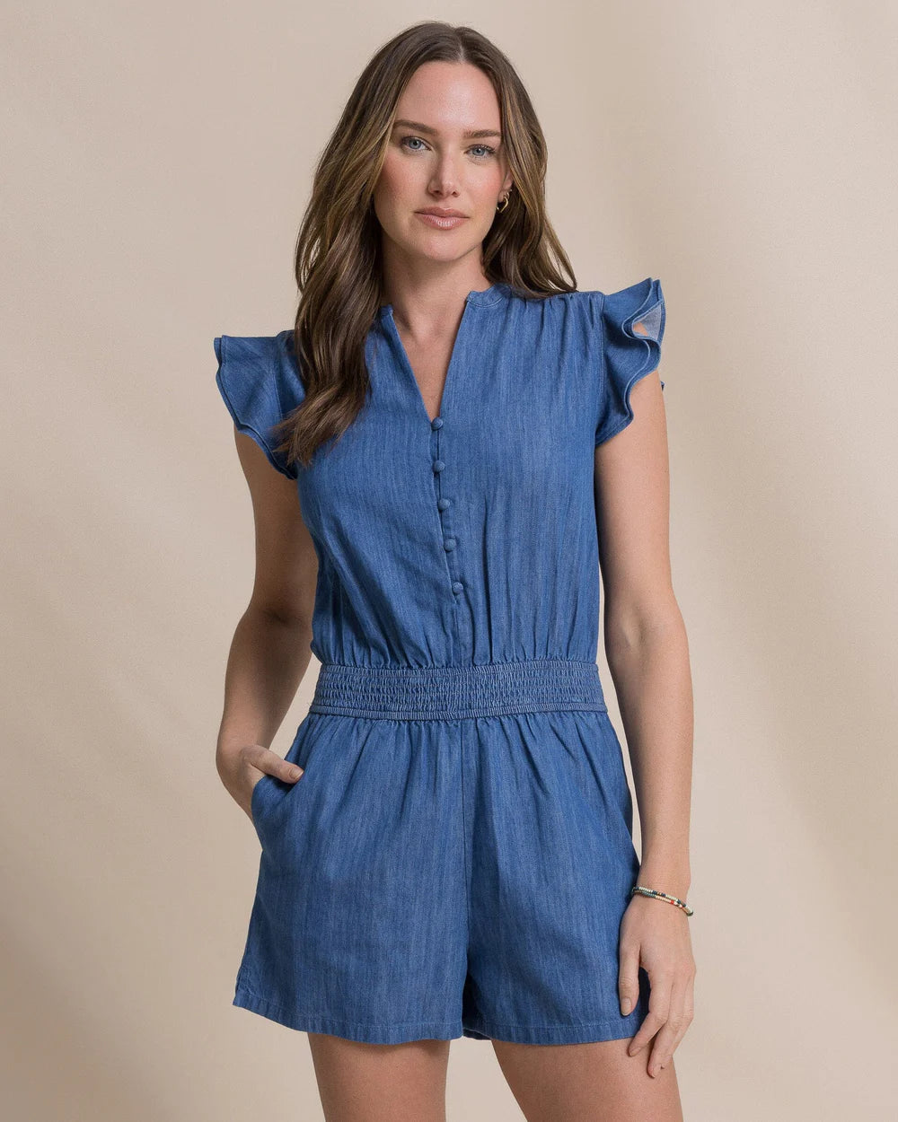 W Evalyn Flutter Sleeve Smocked Romper-Md Washed Indigo
