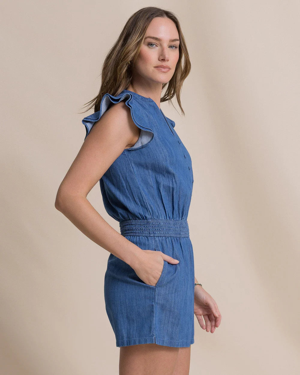 W Evalyn Flutter Sleeve Smocked Romper-Md Washed Indigo