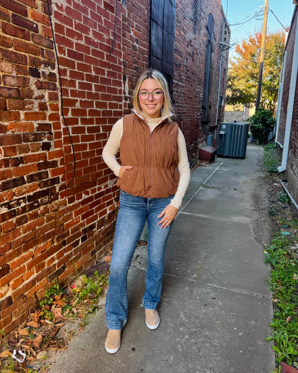 The Gillian Reversible Tan and Floral Puffer Vest