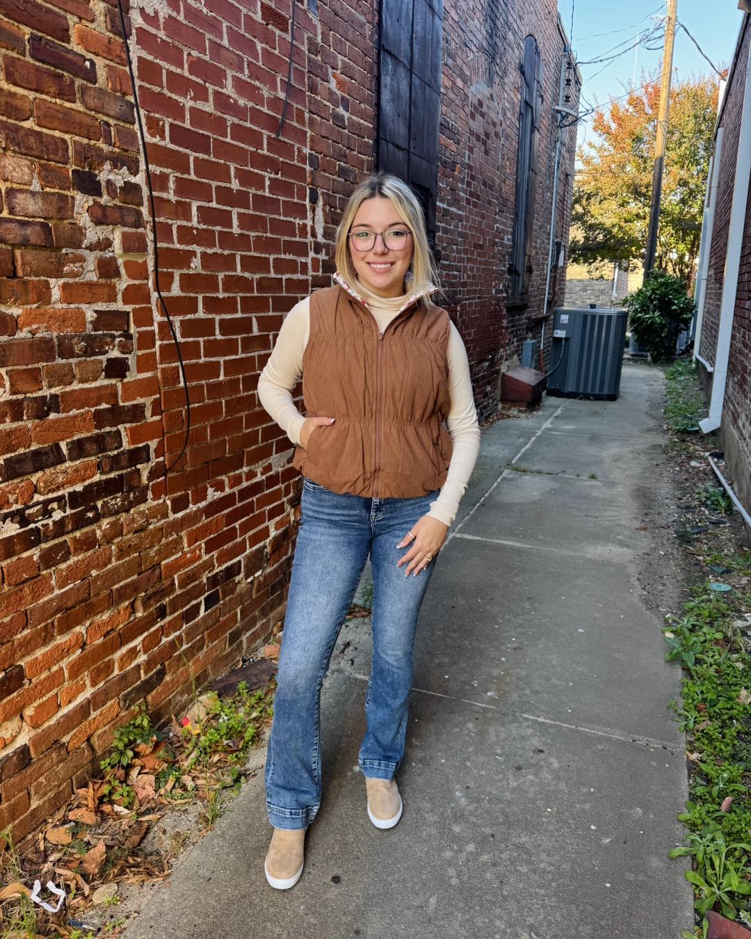 The Gillian Reversible Tan and Floral Puffer Vest