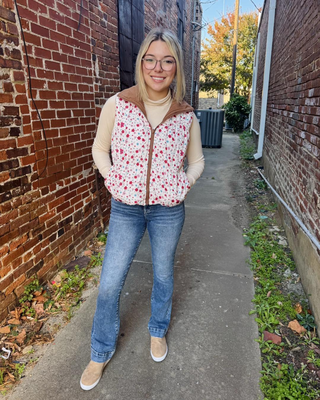 The Gillian Reversible Tan and Floral Puffer Vest