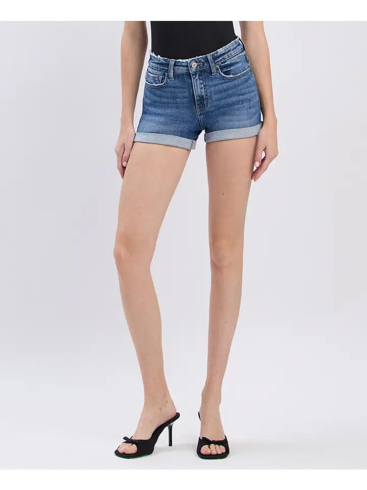 High Rise Double Cuff Shorts- soaring skies