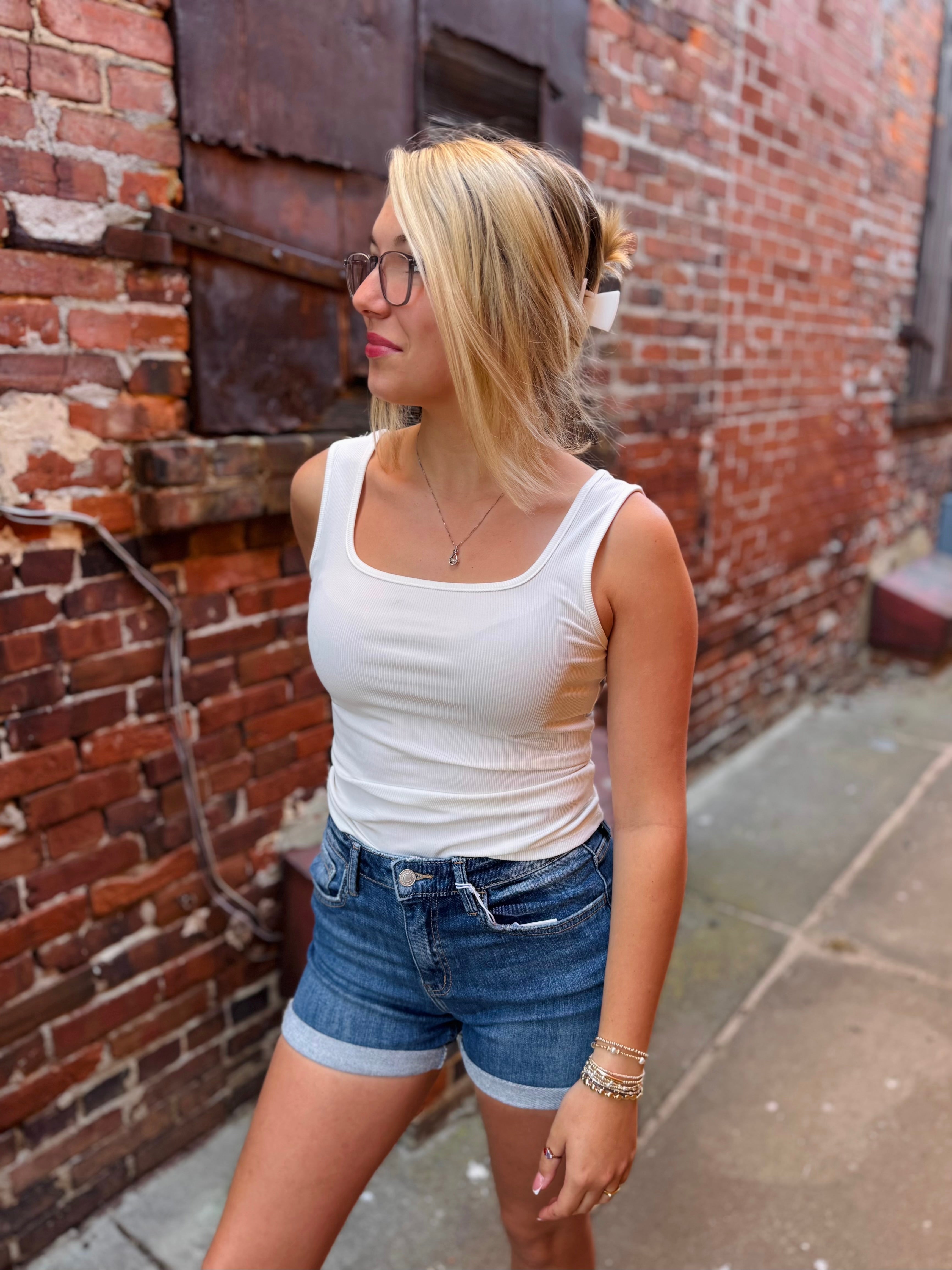 High Rise Double Cuff Shorts- soaring skies