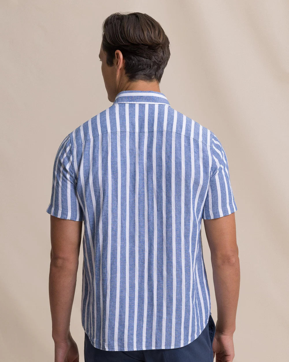 M SS Linen/RayonSeamark Stripe Spirtshirt-Tide Blue