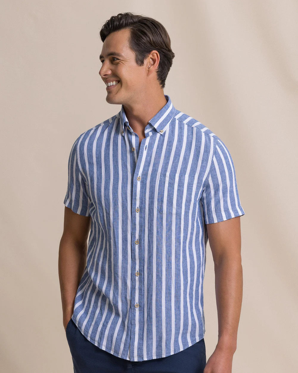 M SS Linen/RayonSeamark Stripe Spirtshirt-Tide Blue