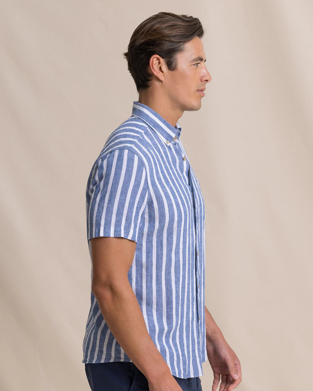M SS Linen/RayonSeamark Stripe Spirtshirt-Tide Blue