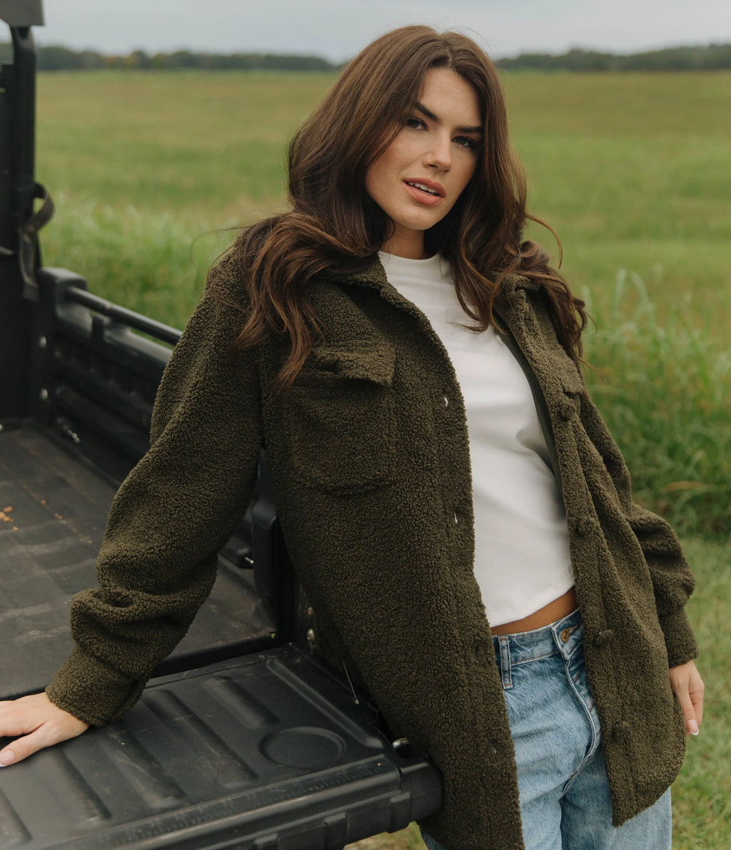 Warm and Fuzzy Shirt Jacket Cedar