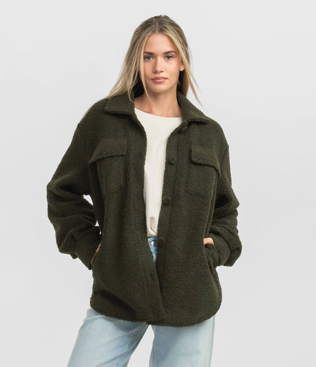 Warm and Fuzzy Shirt Jacket Cedar